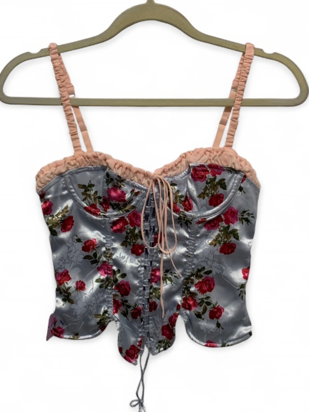 Out from Under Floral Satin Bustier Crop Top with Pink Trim